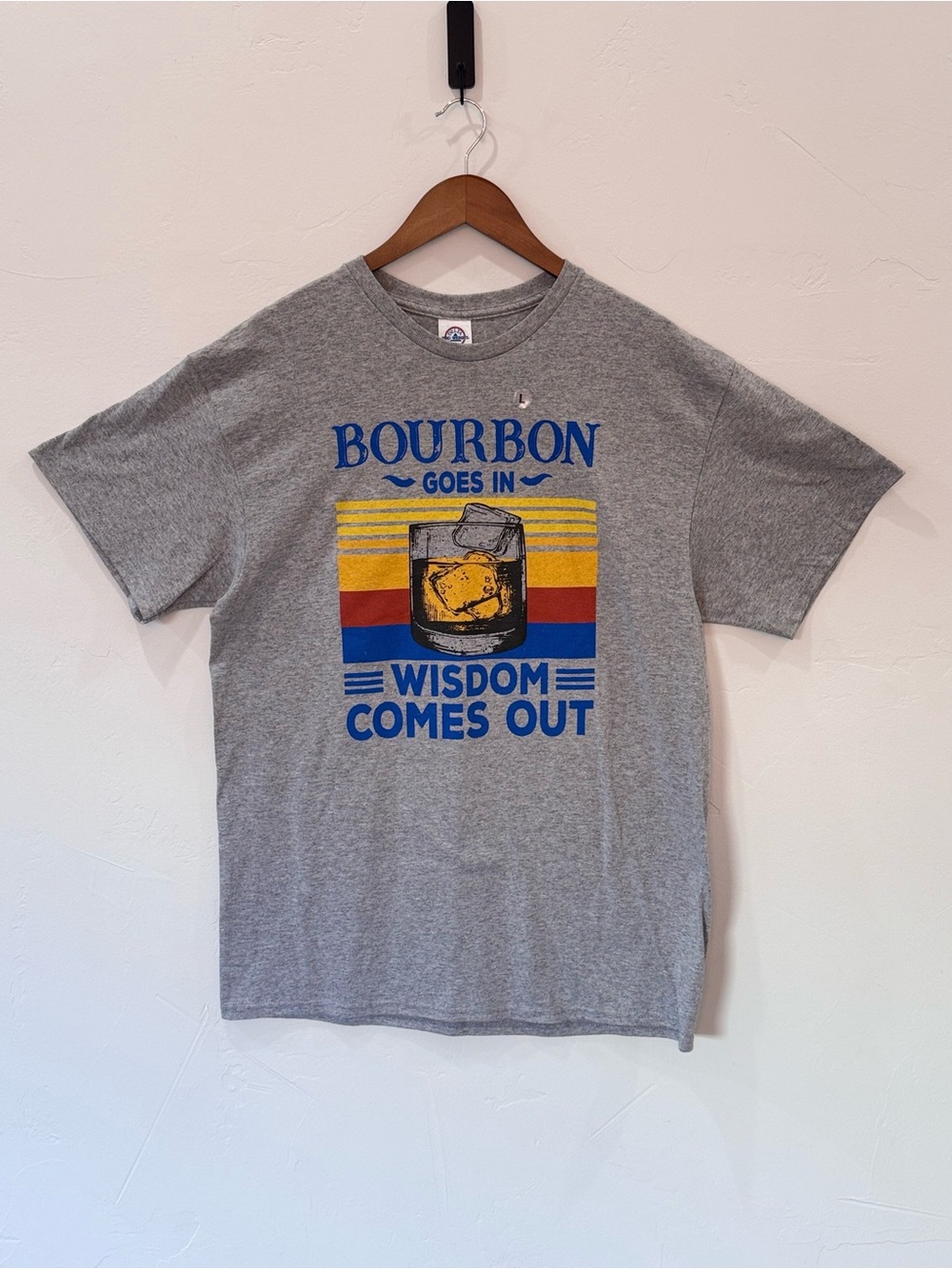Funny Graphic T-Shirt "Bourbon Goes In Wisdom Comes Out" Gray Size Large NWT!